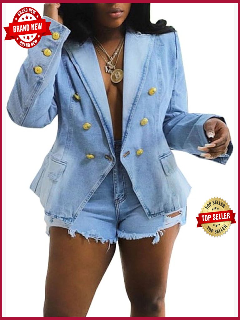 Women Business Casual Double Breasted Denim Blazer Long Sleeve Jacket